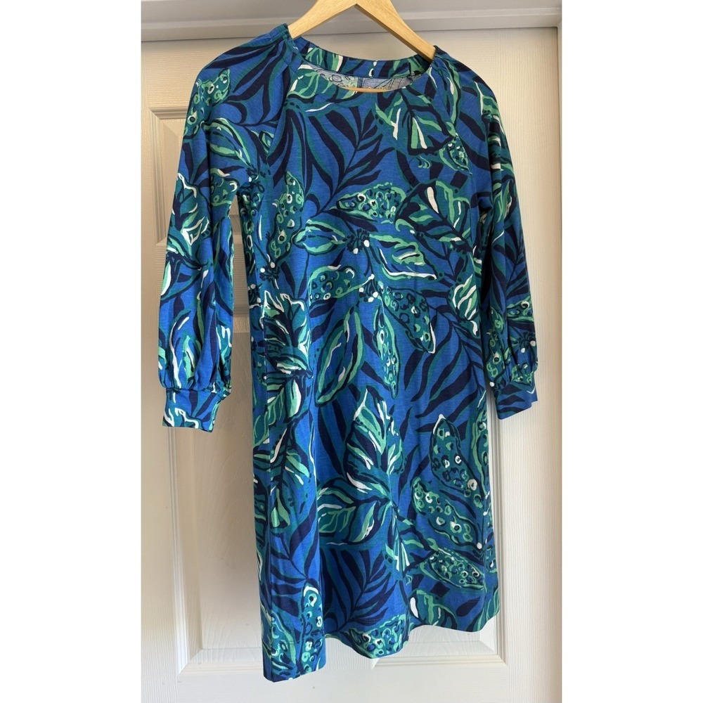 Lilly Pulitzer Dress Women XXS Blue Green Tropical Leaf Cotton Shift Long Sleeve
